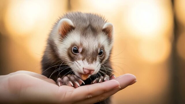 Adorable baby ferret held gently in human hand close up with soft bokeh background showing