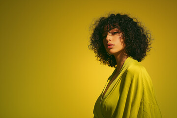 Young woman with curly hair standing against a bright yellow background  