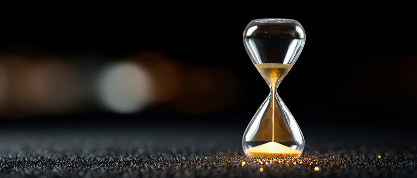 A sand timer on a dark surface with golden sands falling from the top to bottom of it, against a black background