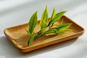 Green leaves arranged on a bamboo tray in natural light  