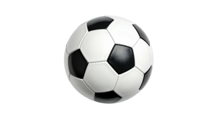 A black and white soccer ball floats isolated on a solid dark black background, center view, crisp and detailed