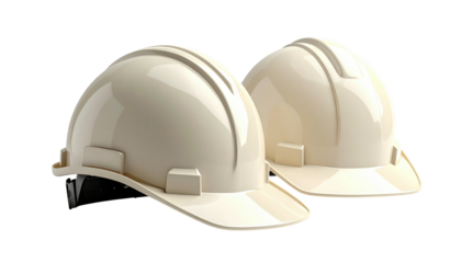 Two safety helmets, rendered in off-white, rest side-by-side. Background is pure black, offering stark contrast