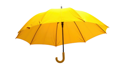 Bright yellow umbrella with a curved wooden handle isolated against a solid black background, casting a subtle shadow