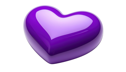 A glossy, slightly rotated, purple heart with subtle shadows on a dark background