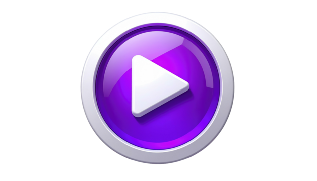 Glossy, purple play button with a white arrow, surrounded by a circular border against a black background