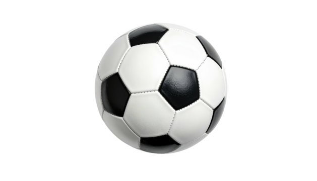 A black and white soccer ball floats isolated on a solid dark black background, center view, crisp and detailed - Powered by Adobe