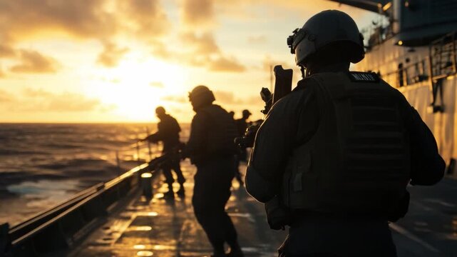 Naval Soldiers in Duty: Silhouette of soldiers on deck, heading towards the horizon with a sense of purpose. A dynamic portrayal of teamwork and readiness, as they embark on their mission.