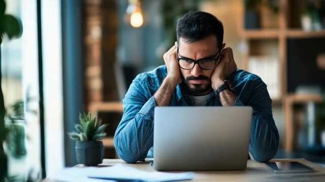 Doubt and Reflection: A man, absorbed in deep thought, stares intently at his laptop screen. Surrounded by indoor plants, capturing the essence of modern-day reflection.