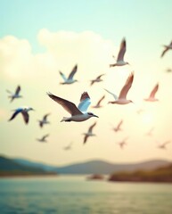 A flock of seagulls flying over a body of water