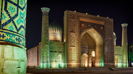 Treasures of Buchara architecture on the Silk Road in Uzbekistan, mosque, Maidony Registon,  Midnight sight seeinhg