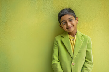 Charming young boy smiling while leaning against green wall  