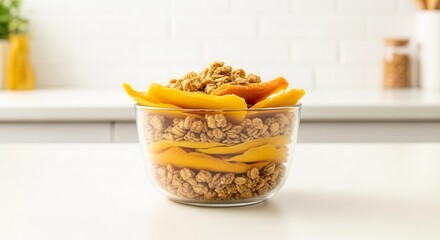 Delicious Mango and Granola Parfait in a Glass Bowl on a Clean White Kitchen Counter