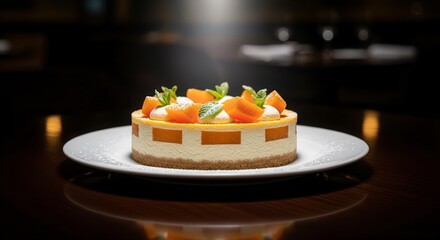 Delicious Mango Cheesecake Garnished With Fresh Mint And Apricot Pieces