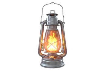 Old kerosene lantern with flame isolated on transparent background