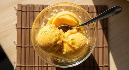 Delicious Mango Ice Cream in a Glass Bowl on a Wooden Table Deliciously Presented