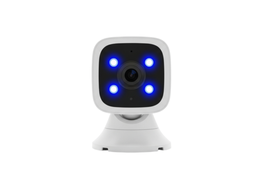 Small white security camera with blue lights isolated on transparent background