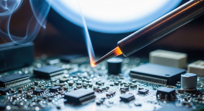 Closeup of soldering iron melting solder on circuit board, showcasing electronics repair and intricate craftsmanship