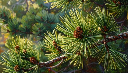 Close Up Pine Tree Branches with Cones.