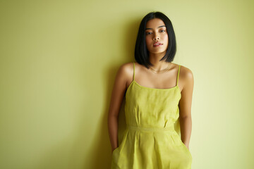 Young woman posing in a green dress against a chartreuse wall  