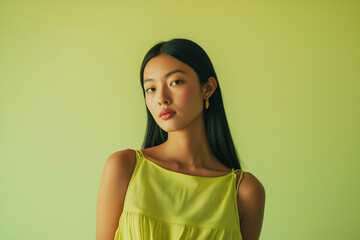 Young Asian woman posing with a confident expression on green backdrop  