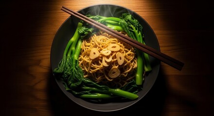Delicious Noodles Dish With Fresh Green Vegetables And Chopsticks Presented Elegantly