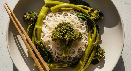 Delicious Noodles With Broccoli And Beautifully Presented Using Chopsticks For Asian Cuisine
