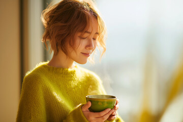 Young woman enjoying tea while relaxing in cozy indoor setting  