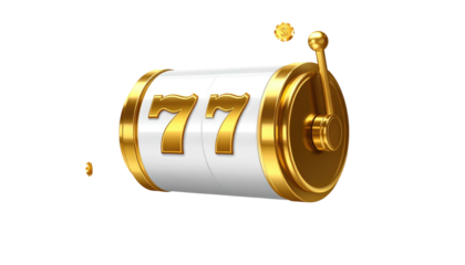 Golden slot machine with the number 77 displaying and golden coins floating nearby on a black background