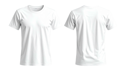 Front and back views of a blank white t-shirt, isolated on a black background. Simple garment for design mockup