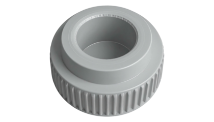 Cylindrical gray object with ridged base and circular opening at the top, on a black background