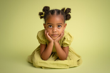 Young black girl resting her chin on hands in green dress on background  