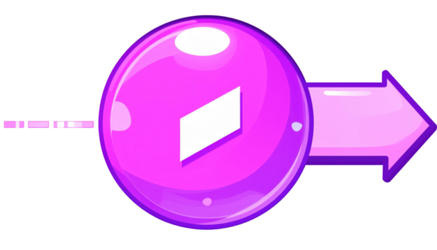 Purple icon a bubble sphere and a right arrow. White diamond inside. Dotted line leading to the sphere's left
