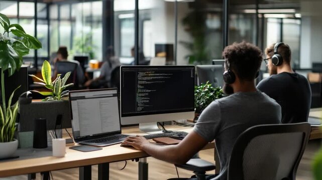 Tech Hub: In a modern tech hub, individuals immerse themselves in their work, surrounded by monitors and technology