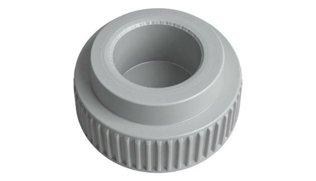 Cylindrical gray object with ridged base and circular opening at the top, on a black background