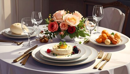 Fototapeta premium Elegant dinner table set for a special occasion, floral centerpiece, fine china, and wine glasses