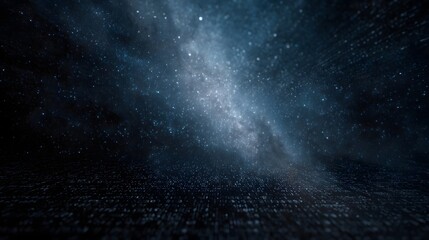 An abstract digital galaxy formed from flowing binary code beneath a luminous and starry cosmos