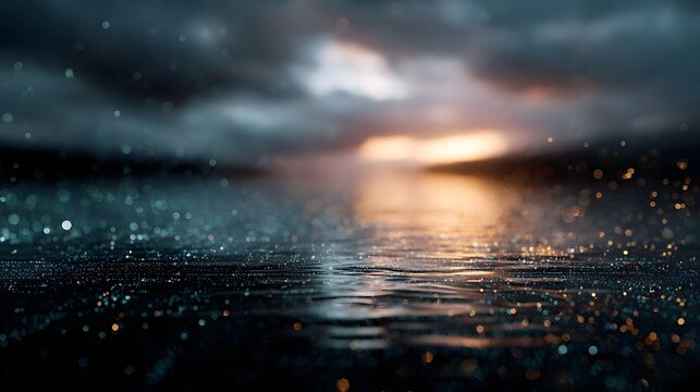 A wet dark surface with scattered bokeh lights reflecting the golden glow of dusk under cloudy skies - Powered by Adobe
