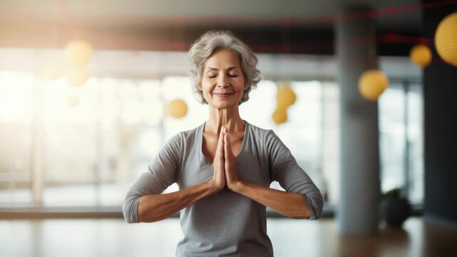 Elderly woman enjoys yoga class in bright studio with relaxing atmosphere and joyful expressions