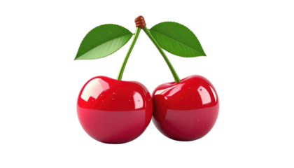 Two vibrant red cherries with green leaves, connected by a brown stem, isolated against a stark black background