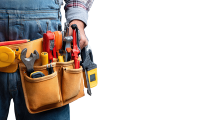 Close-up of a worker's tool belt, filled with various hand tools