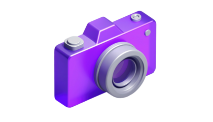 3D render of a purple camera. Minimalist style with a silver lens and button details on a black background