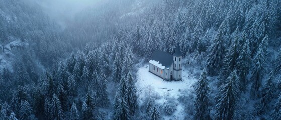 Winter chapel in snowy forest landscape