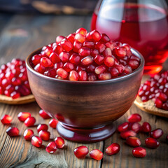 Fresh pomegranate seeds in a bowl with juice in the background