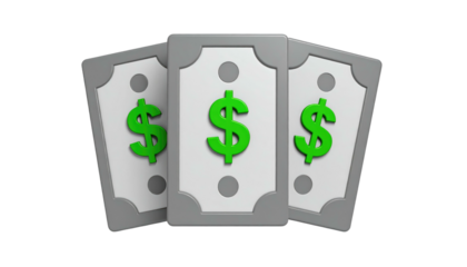 Three stylized gray bills with large, bright green dollar signs stand against a black background in a 3D rendering