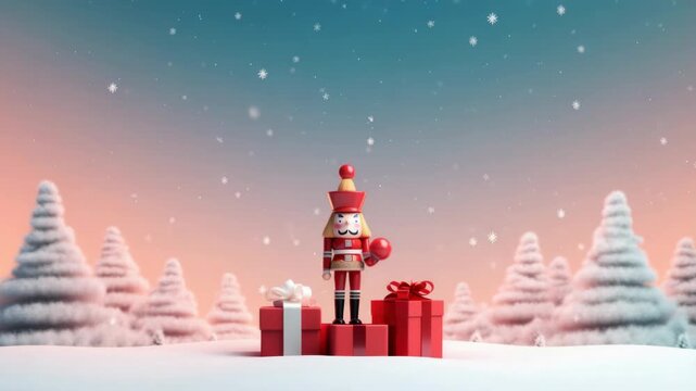 Celebrate the holiday season with festive nutcracker on snowy landscape at sunset