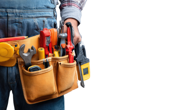 Close-up of a worker's tool belt, filled with various hand tools