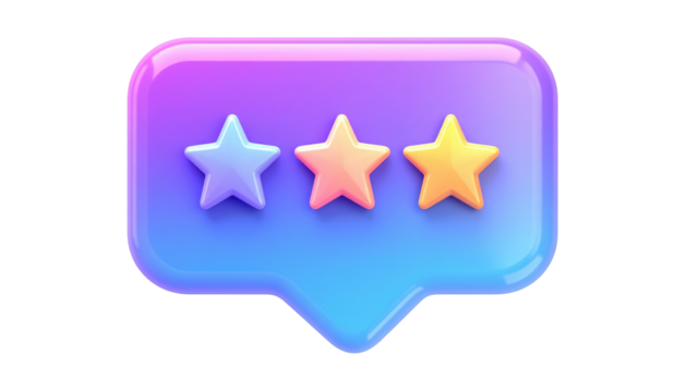 Shiny, cartoonish blue, purple, & pink star rating bubble, with 3 stars from light blue to light yellow, isolated on black