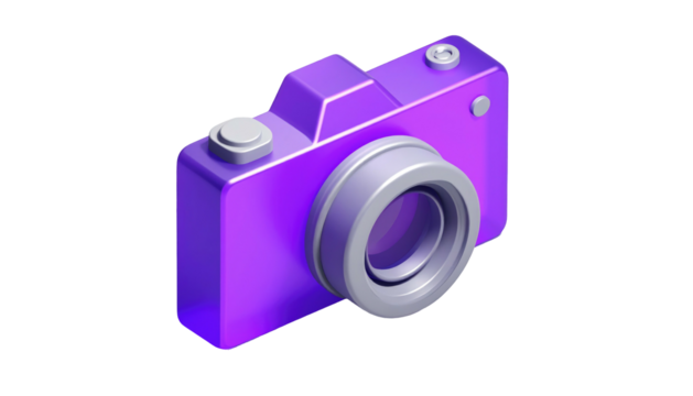 3D render of a purple camera. Minimalist style with a silver lens and button details on a black background