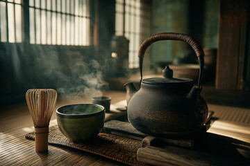 Traditional Japanese teapot with matcha set in serene tea room  