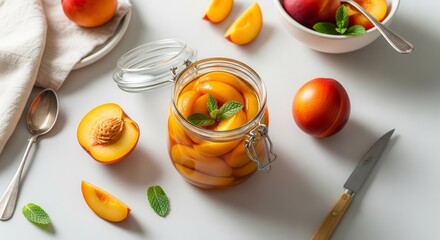 Delicious Peaches in a Jar with Mint on a Pristine White Surface Still Life